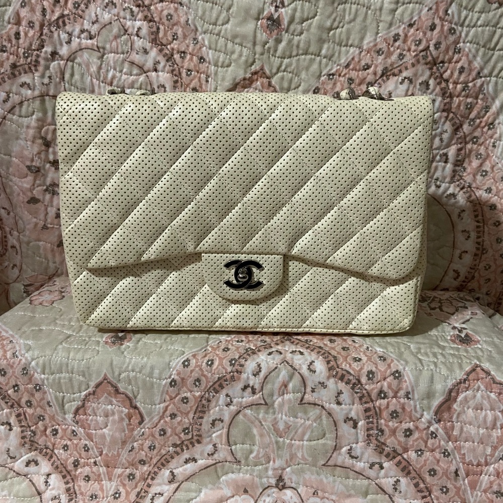 Off White Color Authentic Chanel Perforated Jumbo Flap